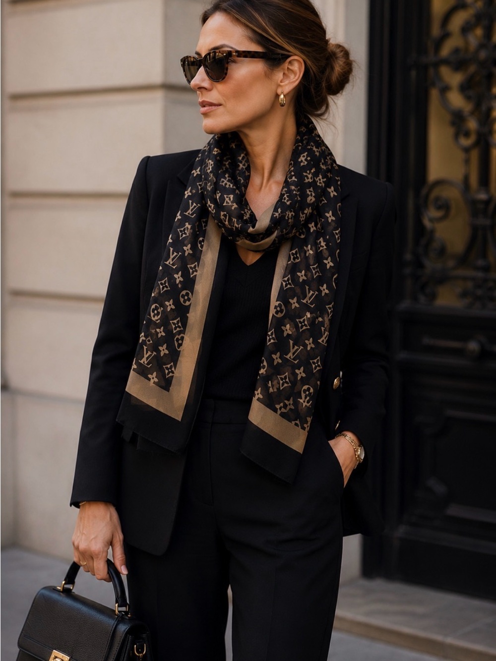 Louis Vuitton Black & Beige Monogram Lightweight Scarf - Picture 2 of 2
